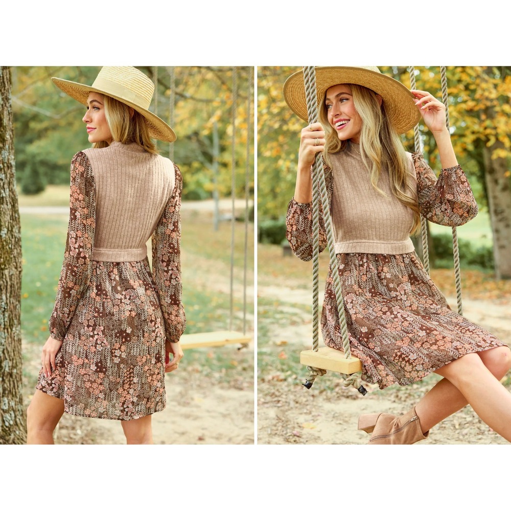 Cupshe Brown Retro Floral Mockneck XL Long Sleeve Mini Dress Cottagecore Prairie - Picture 5 of 15